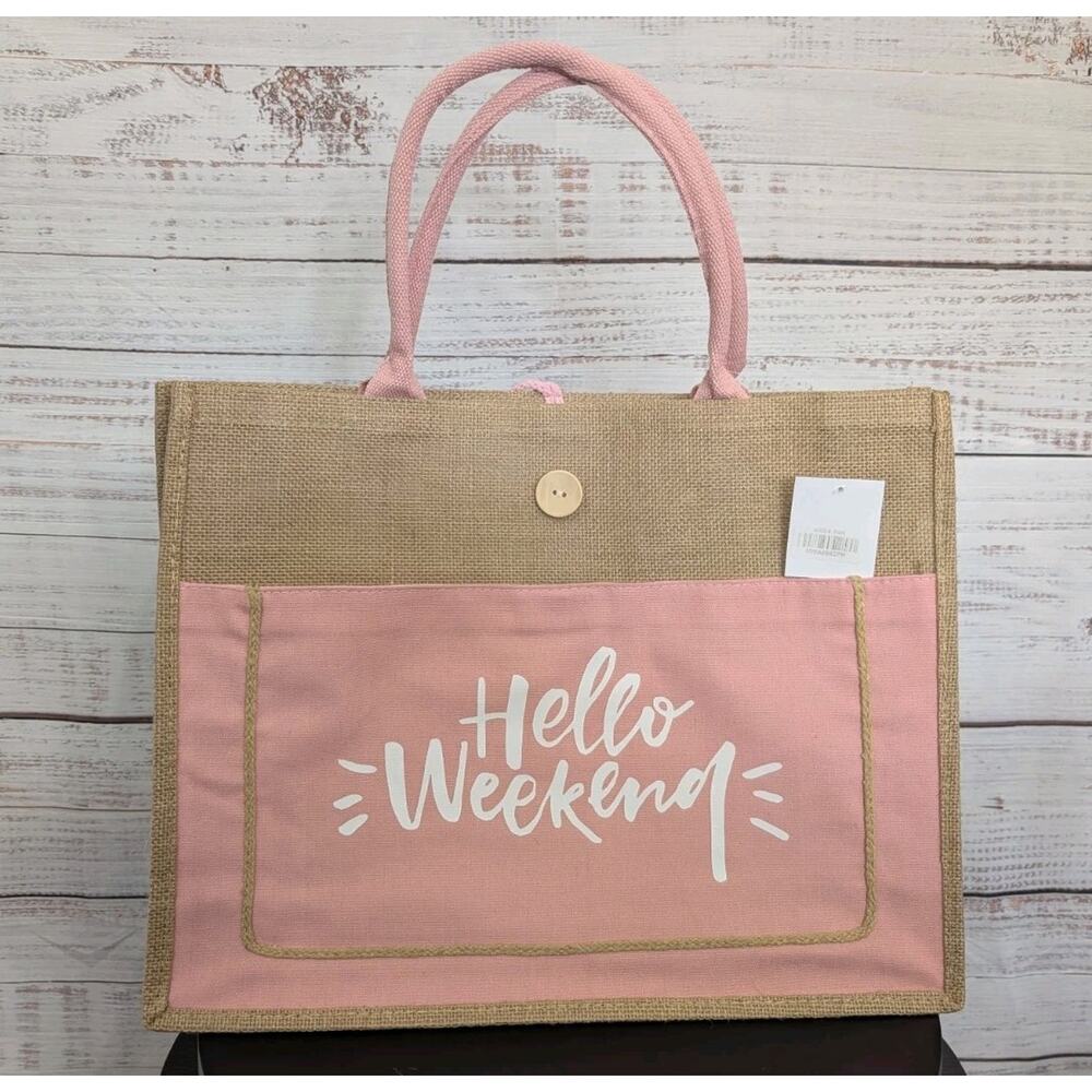 NWT Hello Weekend Burlap Jute Tote Bag- PinkLarge Beach Bag - Boho Eco-friendly